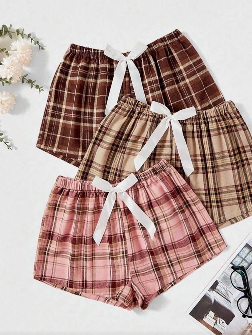 🌸SL55 - SHEIN Plaid Print Bow Front Sleep Shorts 3-Pack Brown & Pink🛏️🛍️